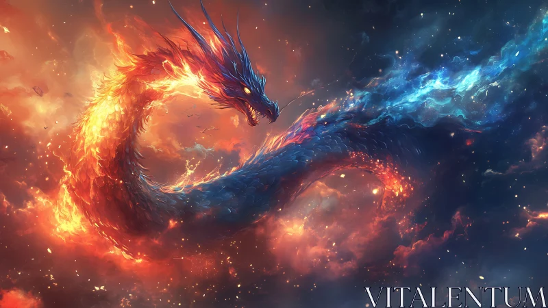 Cosmic serpentine dragon encircled by fire and nebula clouds.