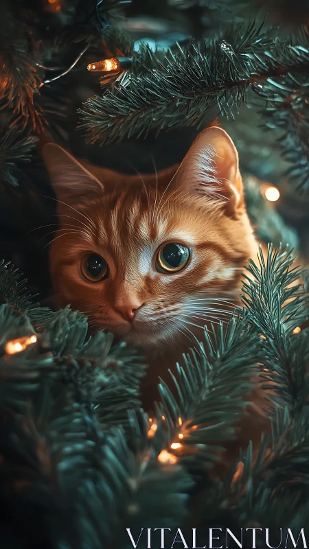 Ginger cat framed by LED-lit fir branches in shallow depth