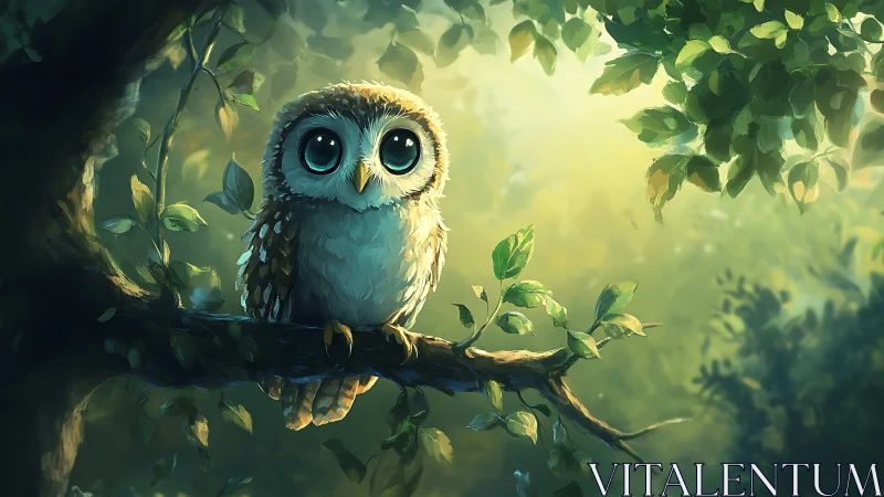 Cute baby owl on a tree branch in dreamy digital painting style.