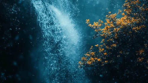 Photorealistic cascade with cyan mist and ember foliage contrast.
