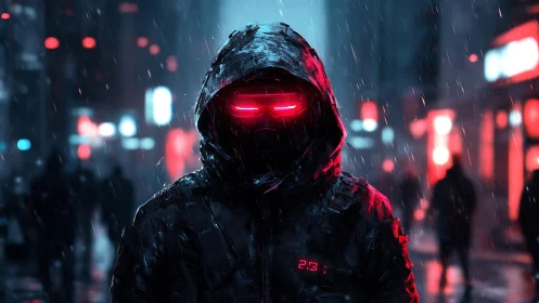 Hooded cybernetic figure in rainy neon city street at night.