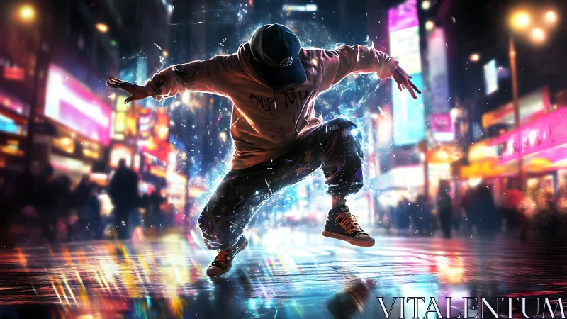 Urban street dancer in dynamic pose under neon city lights.