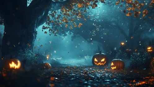 Moody foglit forest path with carved jack o lantern pumpkins