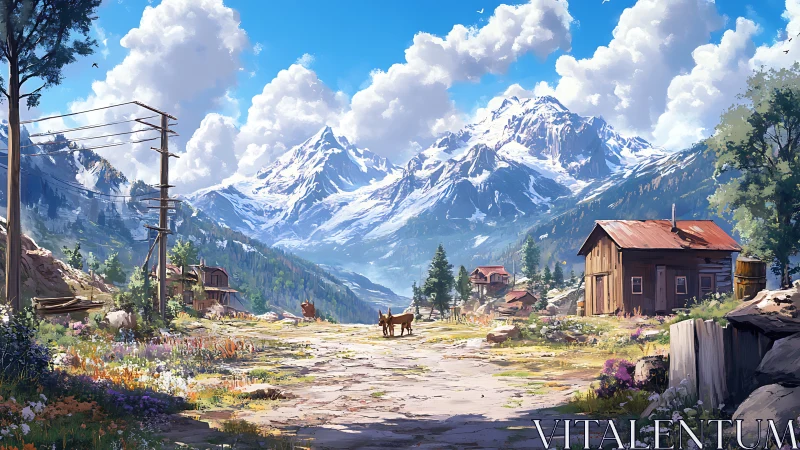 Sunlit mountain village path with wandering deer and wildflowers.