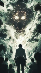 Lone soldier confronts colossal demonic storm face in sky.