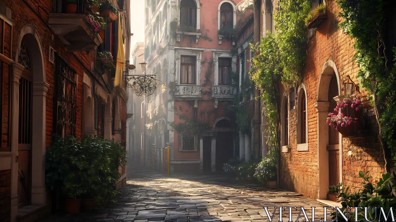 Sunlit Italian alley with ivy-covered brick facades.
