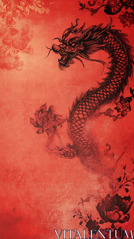 Coiled oriental dragon unfurls across textured red sky
