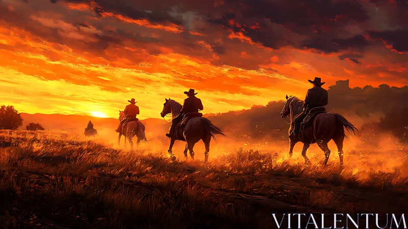 Riders on horseback crossing sunlit prairie at blazing sunset