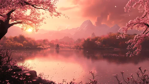 Radiant alpine lake under sakura-diffused atmospheric scattering.