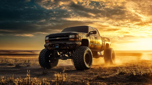 Lifted off-road truck powers through desert sunset dust