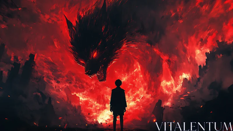 Solitary figure confronts colossal demonic wolf in firestorm