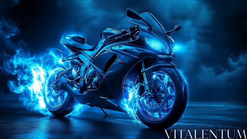 Futuristic blue sport motorcycle with glowing energy wheels.