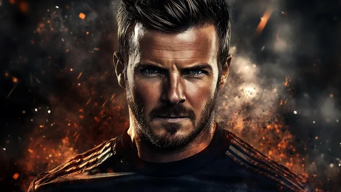 Male subject portrait in dark sportswear amid sparks effect.