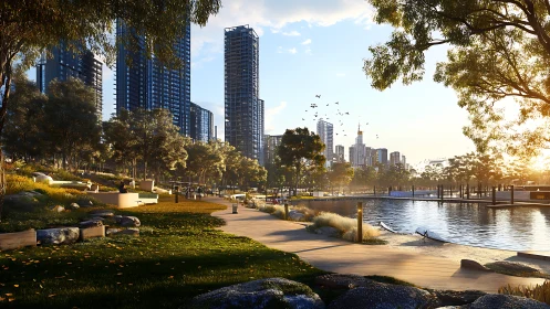 Urban Waterfront Park with Modern Skyline Architecture
