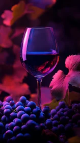 Glowing wine glass among twilight grapes and dreamy leaves.