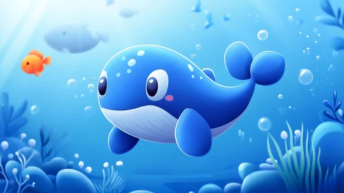 Playful blue cartoon whale gliding through stylized ocean.