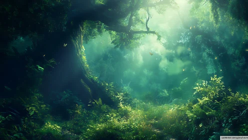 Enchanted forest clearing with volumetric light rays through verdant canopy