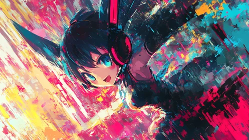 Neon eared DJ girl surfing a wild glitch paintstorm.