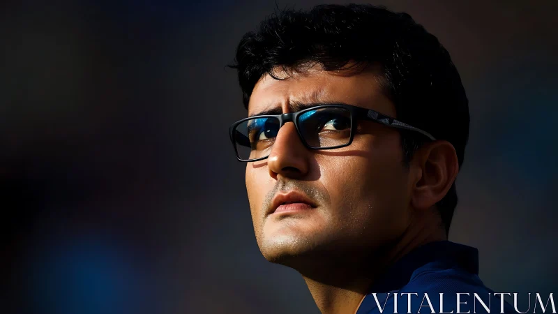 Pensive man in glasses caught in cinematic stadium light.