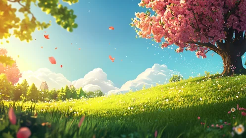 Spring hillside under volumetric light with blossom dynamics.