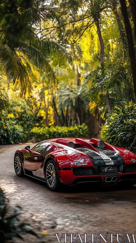 Scarlet hypercar glides through sunlit tropical sanctuary.