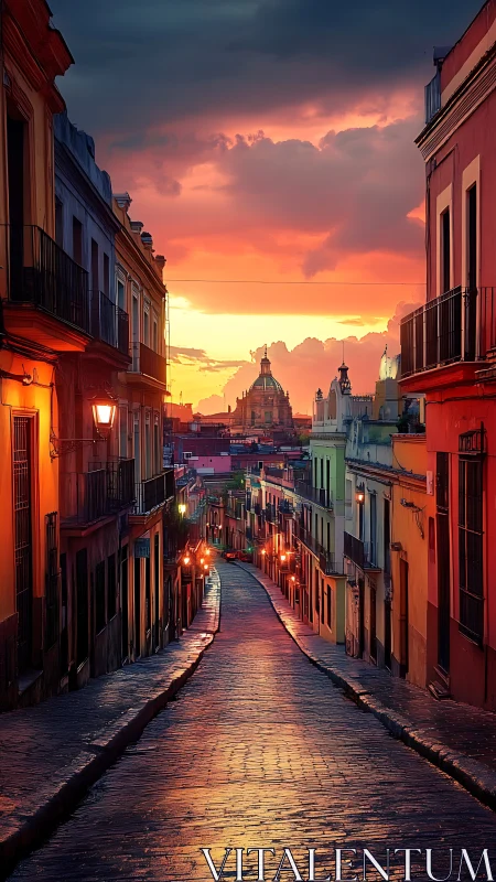 Colonial street perspective under incandescent sunset sky.