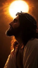 Sacred profile portrait under blazing golden halo light.