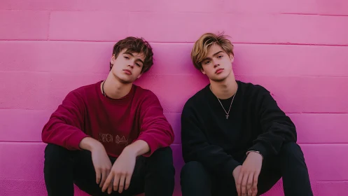 Dual portrait of seated teens against saturated pink wall