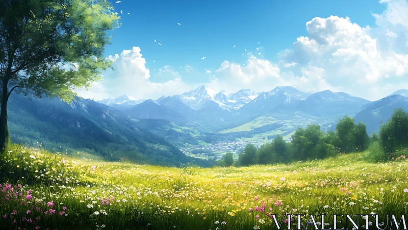 Sunlit alpine meadow opens toward distant snowy peaks.