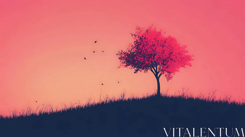 Solitary pink tree stands on dark hillside at sunset