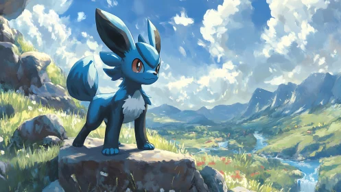 Blue fox-like creature surveys luminous valley landscape.