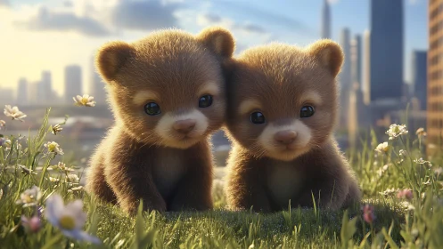 Hyperreal baby bear cub duo in grass, shallow DOF lighting