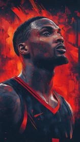Digital portrait of basketball player on red abstract ground.