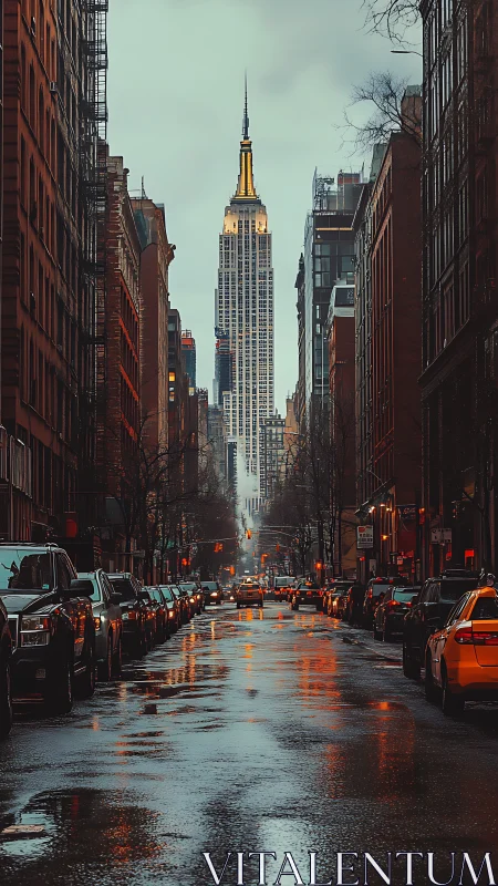 Rain slicked city street framing illuminated tower at dusk.