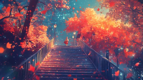 Girl climbs luminous autumn stairway under glowing lamps