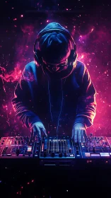 Hooded DJ mixing tracks in neon sci fi club scene.