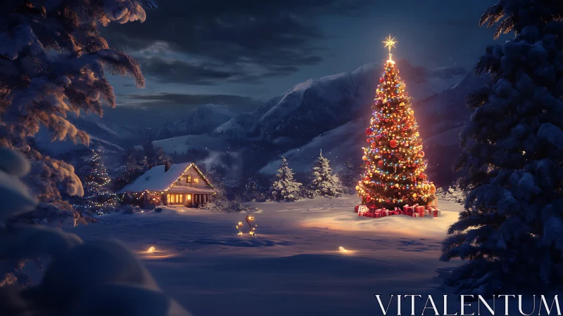 Snowy alpine clearing crowned by glowing Christmas tree.