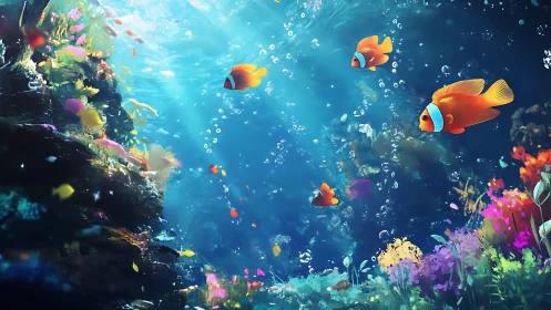 Sunlit clownfish drifting through glowing coral reef waters.