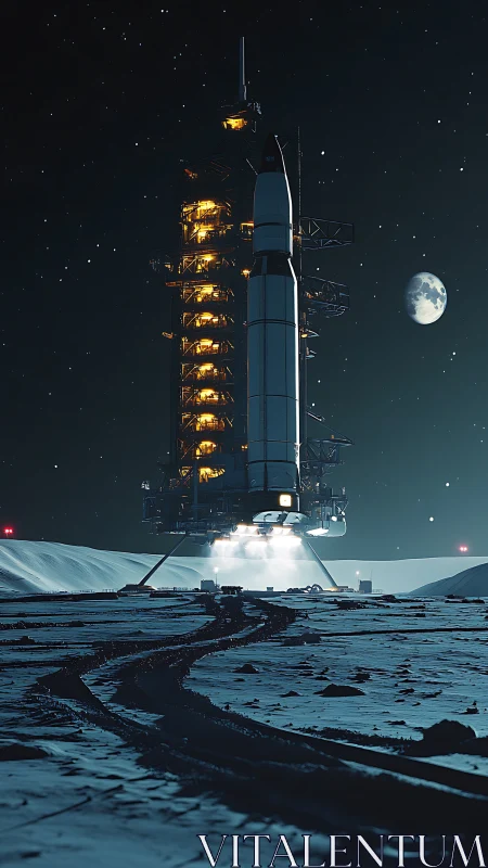 Lunar surface heavy-lift rocket launch tower at ignition phase