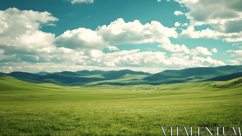 Vast green plain under rolling hills and bright sky.