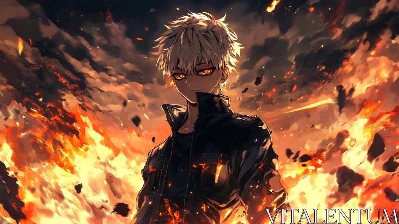 White-haired fire wielder stands amid roaring inferno.