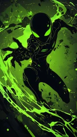 Neon‑green alien hero leaps forward in bold cosmic energy