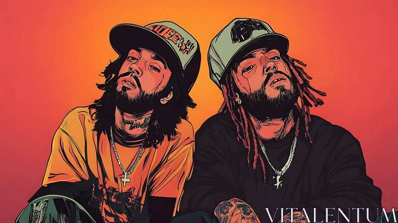 Urban hip hop duo posed against vivid orange gradient backdrop