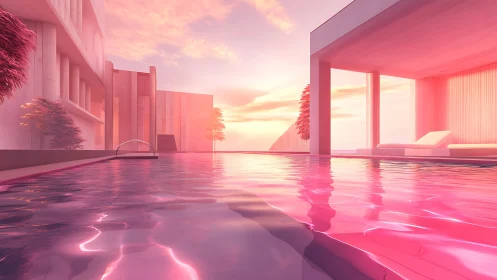 Modernist Architecture Pool at Sunset: Pink Neon Reflection.