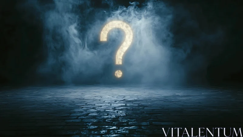 Glowing question mark drifting through mysterious blue mist.