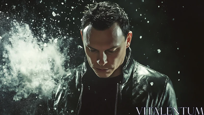 Man in leather jacket stands under drifting powder burst