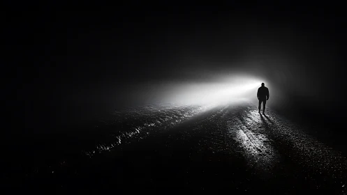 Solitary human figure on dark road toward distant light.