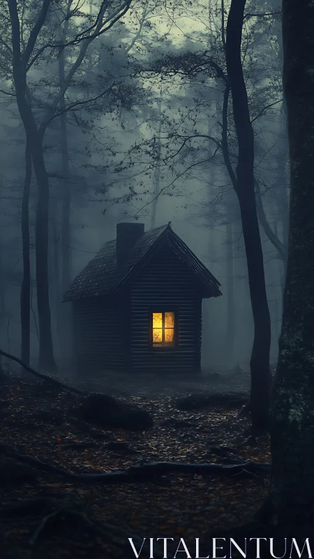 Digital painting of a solitary cabin in a mist-shrouded forest.