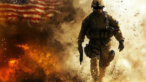 Battle-scorched soldier striding through shrapnel and smoke.