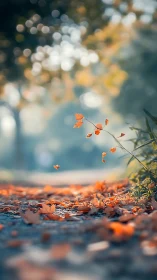 Autumn leaves on woodland path in shallow depth-of-field study.
